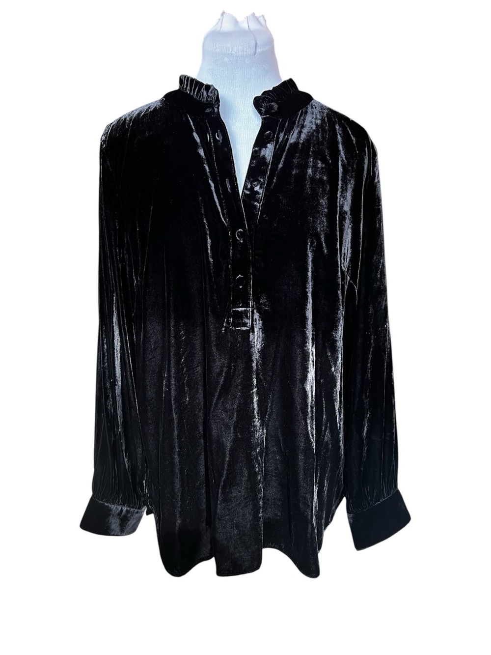 Talbots Black Velvet Ruffled Mock Neck Blouse Large NWT